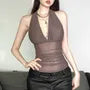 Halter V-Neck Plain Sheer Open-Back Slim-Fit Crop Tank Top