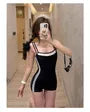 Mock Two-Piece Spaghetti Strap Striped Trim Swimsuit