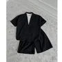 Set: Mock Two-Piece Elbow-Sleeve Split Neck Shirt + Drawstring Waist Plain Wide Leg Shorts