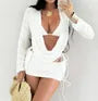 Set: Halter Plain Bikini Top + Tie Side Bottom + Long Sleeve Deep Plunge Cover Up Top + Drawstring Cover Up Skirt