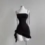 Spaghetti Strap Plain Open Back Ruffle Asymmetrical Mini Bodycon Dress