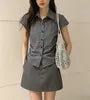 Short Sleeve Checked Side Drawstring Slim-Fit Shirt