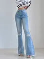 High Waist Washed Distressed Flared Jeans