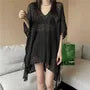 Elbow Sleeve V-Neck Plain Slit Knit Cover Up Top