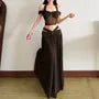 Halter Neck Off-Shoulder Plain Sheer Panel Crop Top / Low Rise Cutout Maxi A-Line Skirt