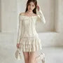 Set: Long Sleeve Off Shoulder Plain Bow Ruffle Lace Up Top + High Waist Tiered Mini A-Line Skirt
