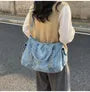 Studded Flap Pocket Washed Denim Crossbody Tote Bag