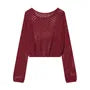 Long-Sleeve Boatneck Perforated Plain Knit Top