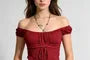 Short Sleeve Off Shoulder Plain Lace Panel Tie-Front Sheer Top