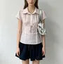 Short Sleeve Collared Lace-Trim Polka Dot Tie-Front Slim-Fit Blouse