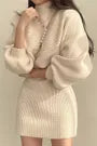 Set: Balloon Sleeve Mock Neck Plain Ribbed Sweater + Sleeveless Crew Neck Knit Mini A-Line Dress