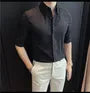 Elbow-Sleeve Button-Up Plain Shirt