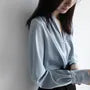 Long-Sleeve V-Neck Plain Faux Pearl Satin Blouse