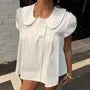 Short-Sleeve Peter Pan Collar Double Breasted Plain Crop Blouse