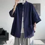 3/4-Sleeve Mandarin Collar Plain Frog Button Shirt