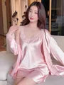 Set: Spaghetti Strap V-Neck Plain Lace Trim Nightdress + Pajama Robe