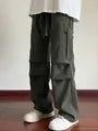 Drawstring Waist Plain Corduroy Straight Leg Cargo Pants