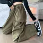 High Waist Plain Drawstring Cargo Baggy Pants