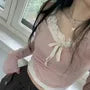 Long-Sleeve Halter Neck Mock Two-Piece Two Tone Lace Panel Slim Fit Crop Top