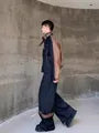 Set: Stand Collar Panel Faux Leather Button Denim Jacket + Mid Rise Straight Leg Jeans