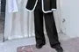 Set: Contrast Trim Single Button Blazer + Plain Wide Leg Pants
