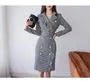 Long-Sleeve Double Breasted Houndstooth Sheath Dress