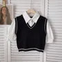 Mock Two-Piece Short-Sleeve Knit Panel Blouse