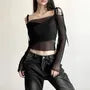 Long Sleeve Tie-Strap Off-Shoulder Plain Mesh Crop Top
