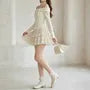Set: Long Sleeve Off Shoulder Plain Bow Ruffle Lace Up Top + High Waist Tiered Mini A-Line Skirt
