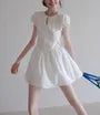 Short Puff Sleeve Tie-Front Plain Pointelle A-Line Dress (Various Designs)