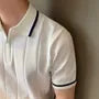Short-Sleeve Striped Half Zip Ribbed Knit Polo Shirt