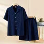 Pajama Set: Short-Sleeve Lapel Collar Plain Button Top + Lounge Shorts