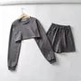 Set: Round Neck Plain Crop Pullover + Drawstring Waist Sweat Shorts