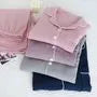 Couple Matching Pajama Set: Long-Sleeve Collared Contrast Trim Top + Elastic Waist Plain Straight Leg Pants