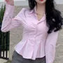 Long Sleeve Collared Striped Peplum Shirt