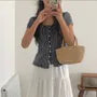 Short Sleeve Scoop Neck Plaid Frill Blouse