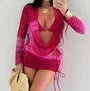 Set: Halter Plain Bikini Top + Tie Side Bottom + Long Sleeve Deep Plunge Cover Up Top + Drawstring Cover Up Skirt