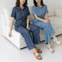 Short-Sleeve Button-Up Drawstring Denim Jumpsuit