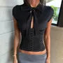 Short Sleeve Tie Collar Dotted Ruched Corset Crop Top