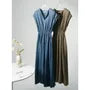 Cap-Sleeve Notch Neck Plain Midi A-Line Dress