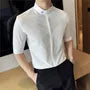 Elbow-Sleeve Band Collar Plain Shirt