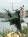Set: Spaghetti Strap Leaf Accent Bow Asymmetrical Midi A-Line Dress + Choker