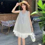 Maternity Sleeveless Square Neck Plaid Frill Trim Tunic / Drawstring Waist Eyelet Lace Wide Leg Shorts
