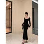 Long-Sleeve Square Neck Lace Maxi Mermaid Dress