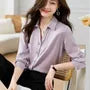 Long-Sleeve V-Neck Collared Plain Button-Up Satin Blouse