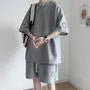 Set: Elbow-Sleeve Crew Neck Waffle T-Shirt + Sweatshorts