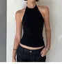 Halter Neck Plain Open-Back Slim-Fit Crop Tank Top
