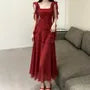 Ruffle Trim Sleeveless Square Neck Plain Maxi A-Line Dress