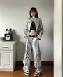 Band Collar Plain faux Leather Zip Jacket / Crop Camisole Top / Mid Rise Wide Leg Cargo Pants / Belt / Set