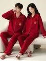 Couple Matching Pajama Set: Long Sleeve Collared Contrast Trim Shirt + Elastic Waist Straight Leg Pants (Various Designs)